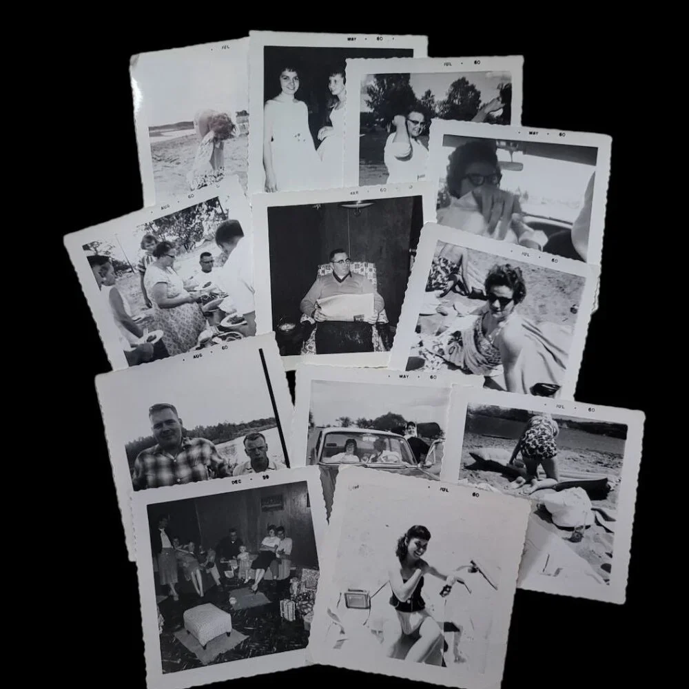 Vintage Photograph Lot of 12 Black and White Pictures 1960 Beach Car Scalloped E